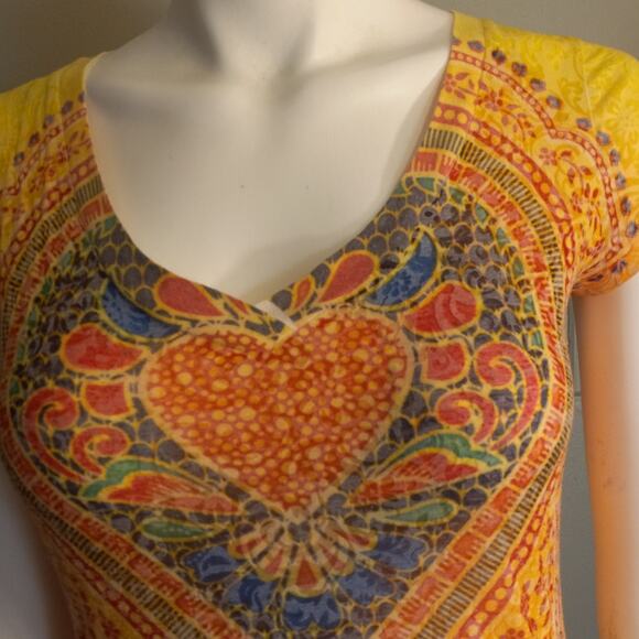 Miken Yellow Hippie Heart Longline Tee V Neck Dopamine Boho Festival Medium - Picture 4 of 10